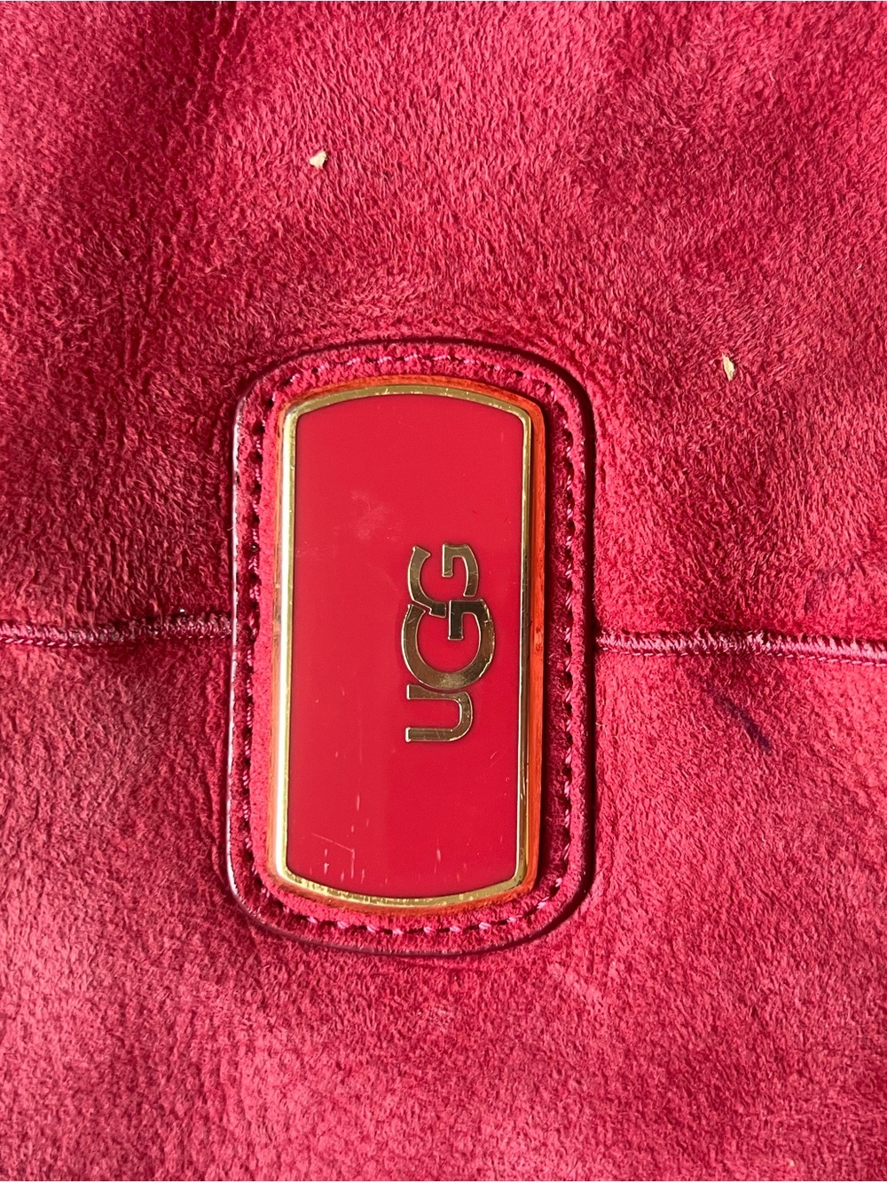 UGG Red Suede Shoulder Bag with Gold Logo Accent